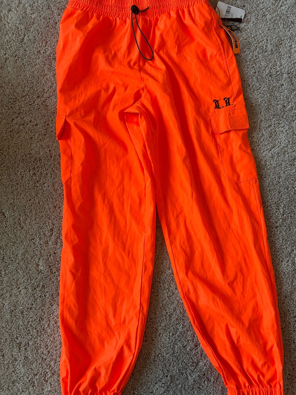 NWT Forever 21 Neon Orange Nylon Cargo Joggers LA Gothic Script Pants L